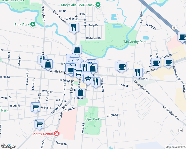 map of restaurants, bars, coffee shops, grocery stores, and more near 303 East 5th Street in Marysville