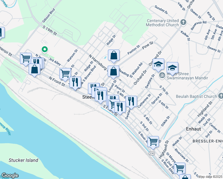 map of restaurants, bars, coffee shops, grocery stores, and more near 234 Locust Street in Steelton