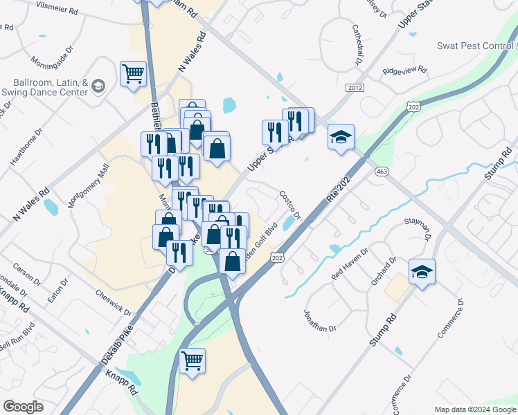 map of restaurants, bars, coffee shops, grocery stores, and more near Susan Circle in North Wales