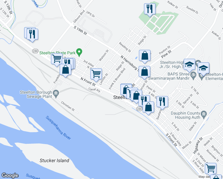 map of restaurants, bars, coffee shops, grocery stores, and more near 16 Adams Street in Steelton