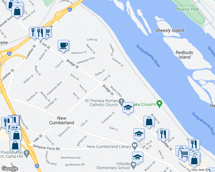 map of restaurants, bars, coffee shops, grocery stores, and more near 1543 Bridge Street in New Cumberland
