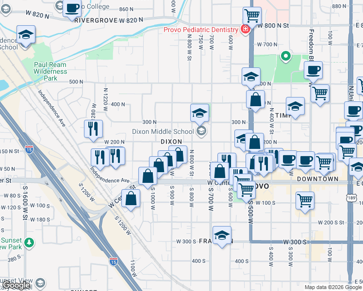map of restaurants, bars, coffee shops, grocery stores, and more near 853 200 North in Provo