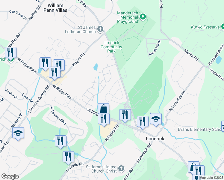 map of restaurants, bars, coffee shops, grocery stores, and more near 143 Everleigh Drive in Royersford