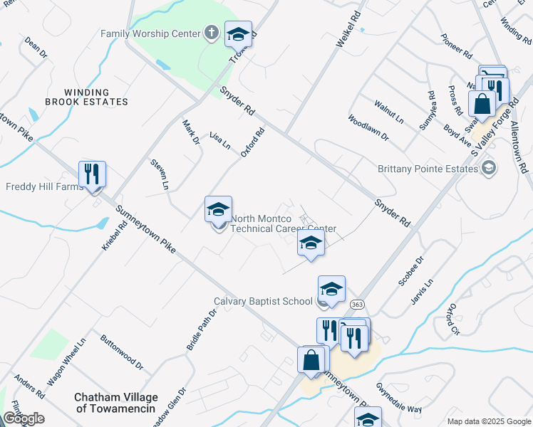 map of restaurants, bars, coffee shops, grocery stores, and more near 1340 South Valley Forge Road in Lansdale