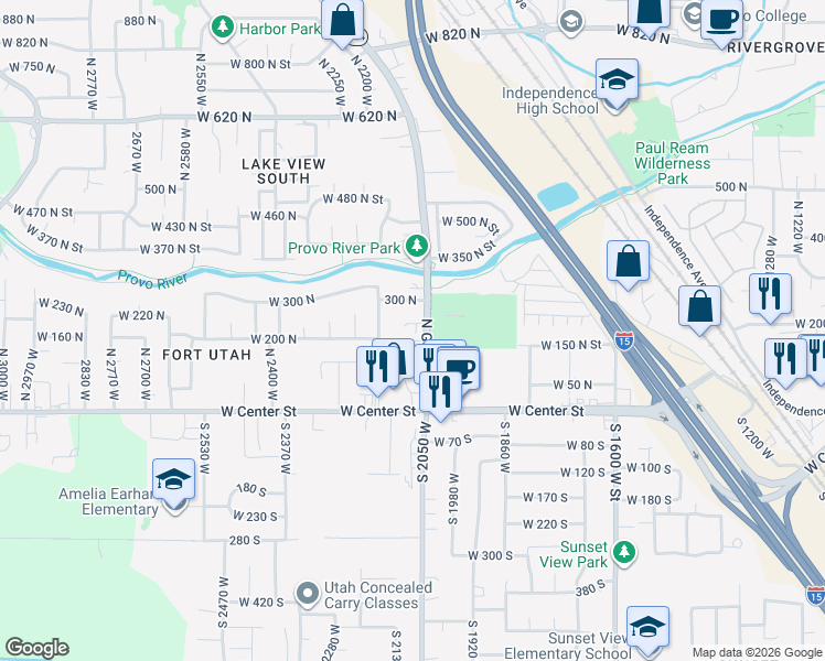 map of restaurants, bars, coffee shops, grocery stores, and more near 2131 West 220 North in Provo