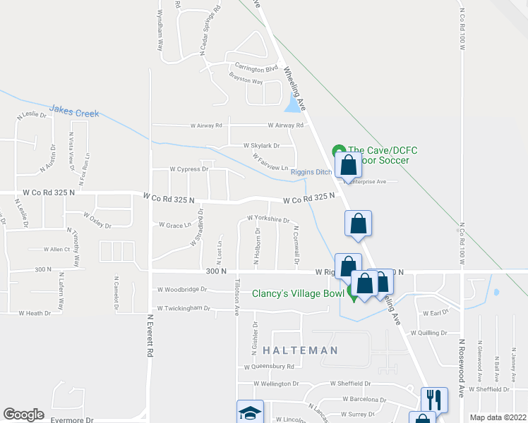 map of restaurants, bars, coffee shops, grocery stores, and more near 5201 North Leicester Drive in Muncie