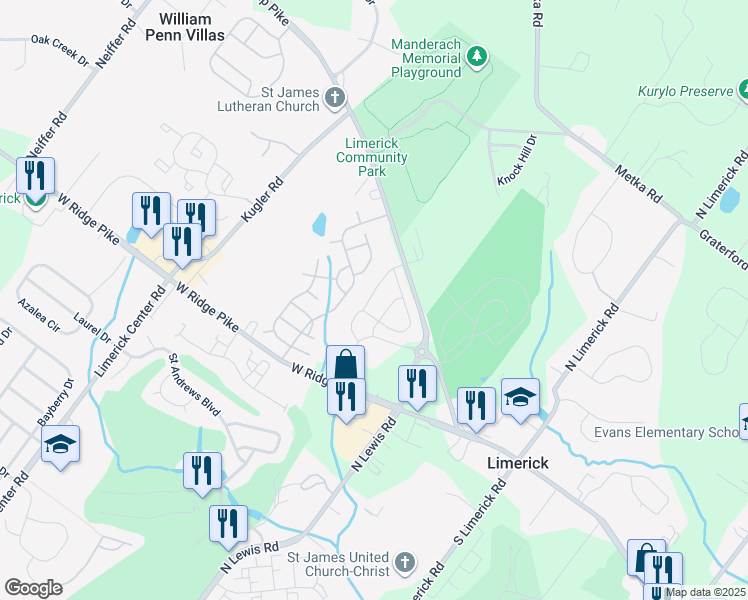 map of restaurants, bars, coffee shops, grocery stores, and more near 143 Everleigh Drive in Royersford