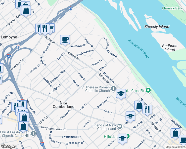 map of restaurants, bars, coffee shops, grocery stores, and more near 301 16th Street in New Cumberland