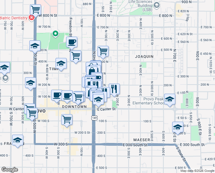 map of restaurants, bars, coffee shops, grocery stores, and more near 145 North 100 East in Provo