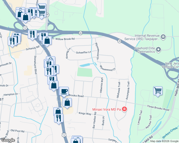 map of restaurants, bars, coffee shops, grocery stores, and more near 130 Hibernia Way in Freehold