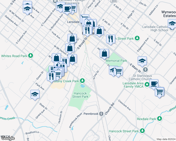 map of restaurants, bars, coffee shops, grocery stores, and more near 114 Almond Drive in Lansdale