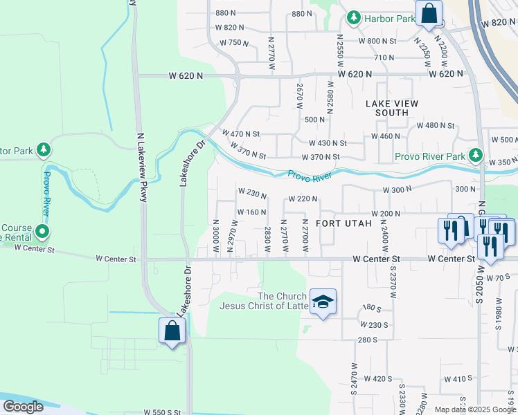 map of restaurants, bars, coffee shops, grocery stores, and more near 2872 160 North in Provo