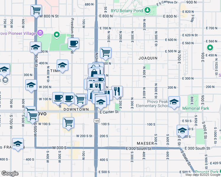 map of restaurants, bars, coffee shops, grocery stores, and more near 145 North 100 East in Provo