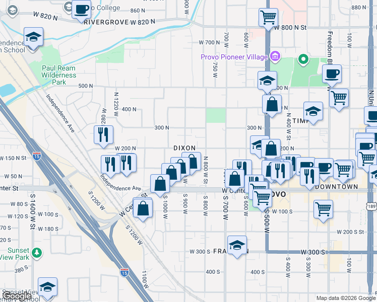 map of restaurants, bars, coffee shops, grocery stores, and more near 853 200 North in Provo
