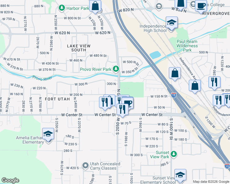 map of restaurants, bars, coffee shops, grocery stores, and more near 2131 West 220 North in Provo