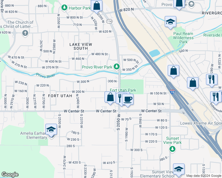 map of restaurants, bars, coffee shops, grocery stores, and more near 2131 West 220 North in Provo