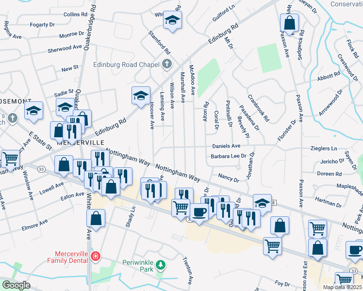 map of restaurants, bars, coffee shops, grocery stores, and more near 303 Marshall Avenue in Hamilton Township