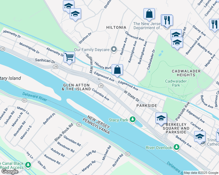 map of restaurants, bars, coffee shops, grocery stores, and more near 29 Sanhican Drive in Trenton