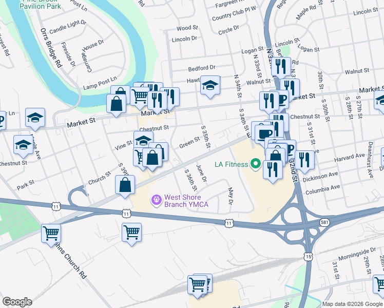 map of restaurants, bars, coffee shops, grocery stores, and more near 3514 Trindle Road in Camp Hill