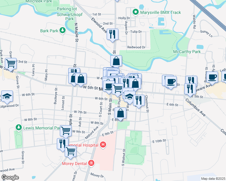 map of restaurants, bars, coffee shops, grocery stores, and more near in Marysville