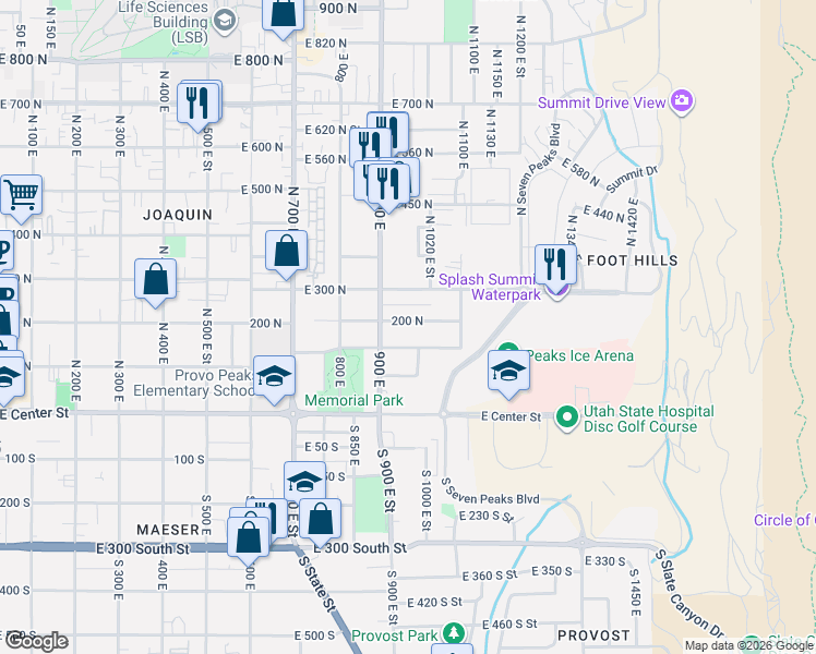 map of restaurants, bars, coffee shops, grocery stores, and more near 964 East 200 North in Provo