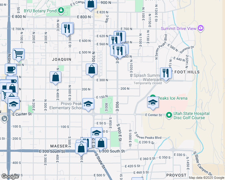 map of restaurants, bars, coffee shops, grocery stores, and more near 864 East 200 North in Provo