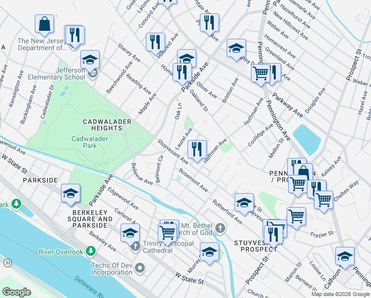 map of restaurants, bars, coffee shops, grocery stores, and more near 215 Highland Avenue in Trenton