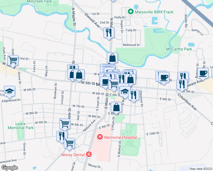 map of restaurants, bars, coffee shops, grocery stores, and more near 103 West 5th Street in Marysville