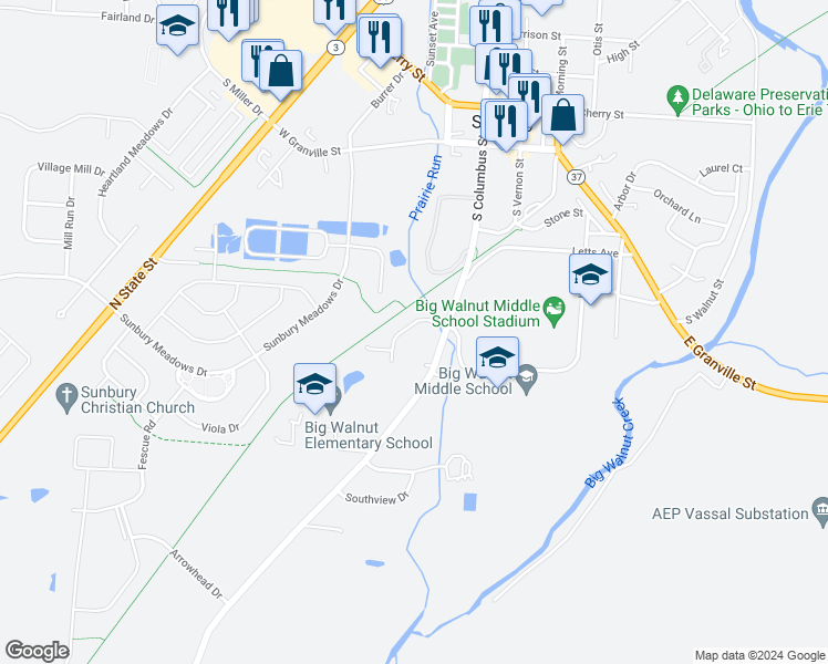 map of restaurants, bars, coffee shops, grocery stores, and more near 55 Barleycorn Drive in Sunbury