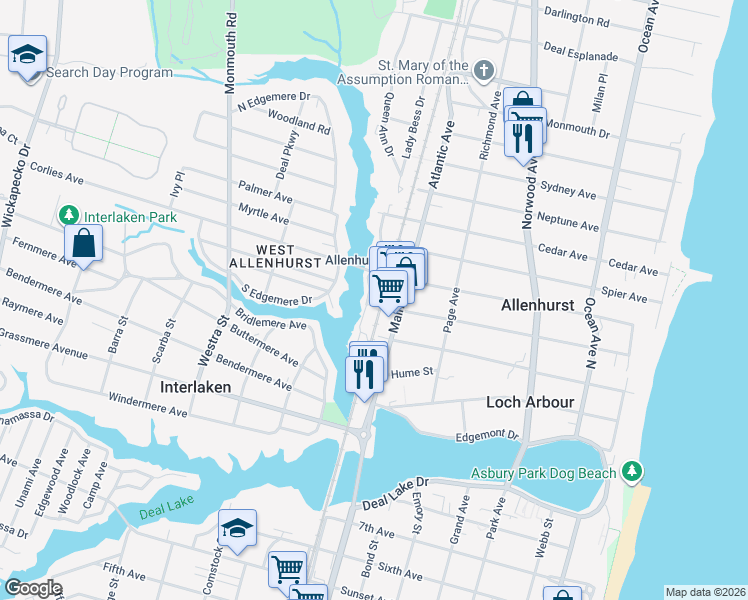 map of restaurants, bars, coffee shops, grocery stores, and more near 312 Lake Drive in Allenhurst