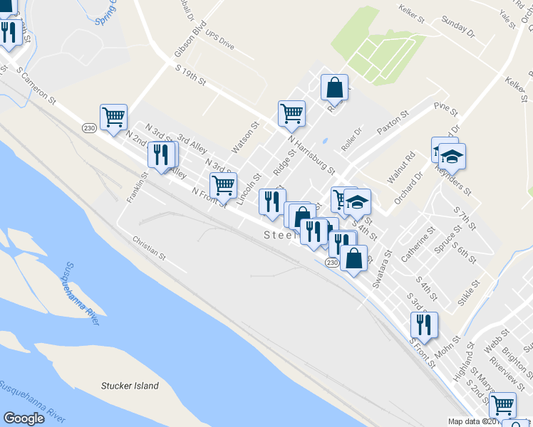 map of restaurants, bars, coffee shops, grocery stores, and more near 22 Adams Street in Steelton