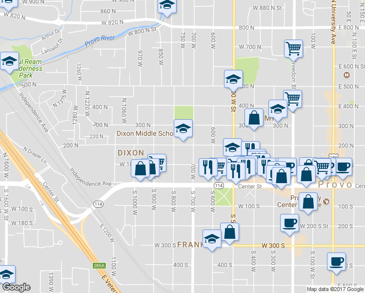 map of restaurants, bars, coffee shops, grocery stores, and more near 759 200 North in Provo