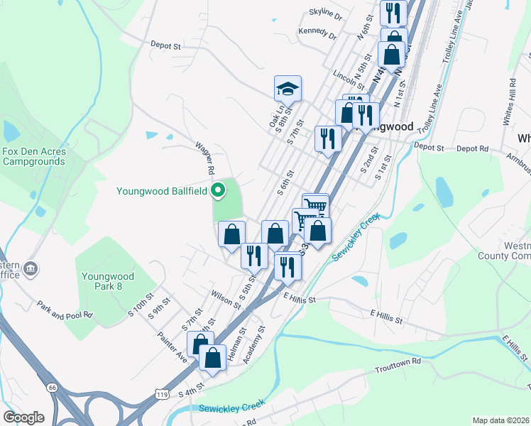 map of restaurants, bars, coffee shops, grocery stores, and more near 231 South 6th Street in Youngwood