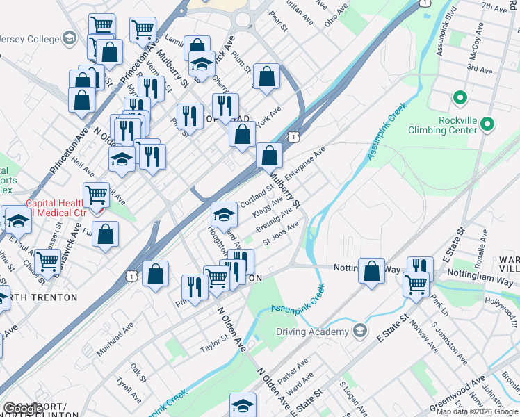 map of restaurants, bars, coffee shops, grocery stores, and more near 80 Klagg Avenue in Trenton