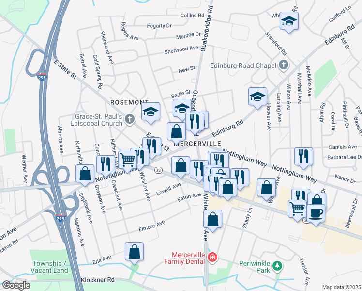 map of restaurants, bars, coffee shops, grocery stores, and more near 2663 Nottingham Way in Hamilton Township