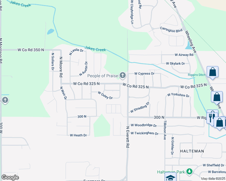map of restaurants, bars, coffee shops, grocery stores, and more near West Wheatfield Lane in Muncie