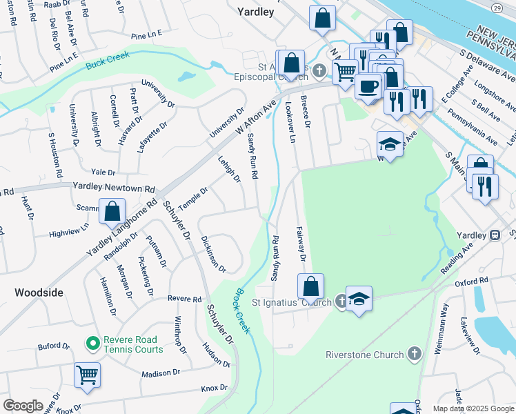 map of restaurants, bars, coffee shops, grocery stores, and more near Sandy Run Road in Yardley
