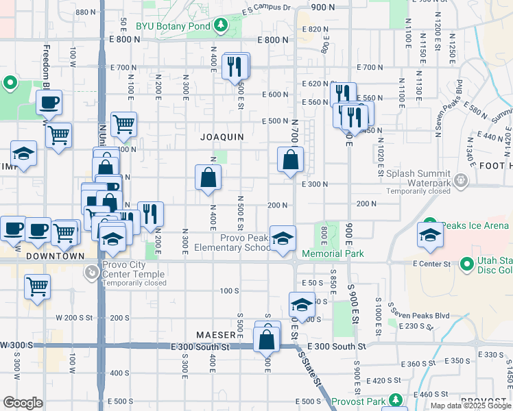 map of restaurants, bars, coffee shops, grocery stores, and more near 502 East 200 North in Provo