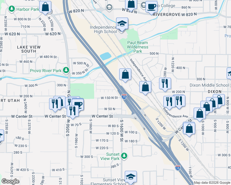 map of restaurants, bars, coffee shops, grocery stores, and more near 1660 West 150 North Street in Provo