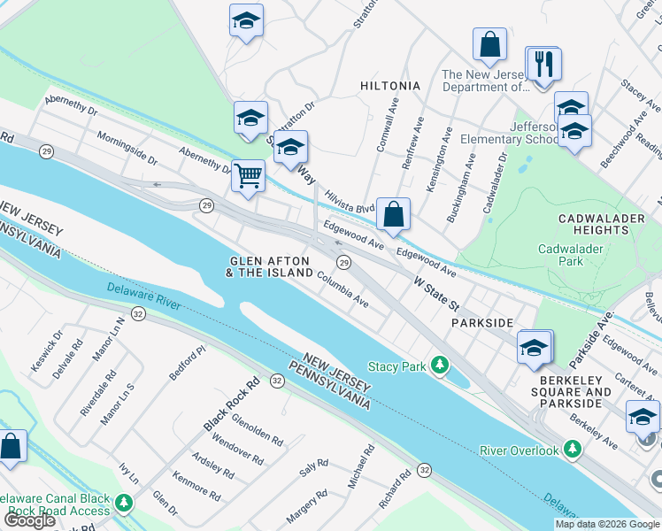 map of restaurants, bars, coffee shops, grocery stores, and more near 127 Clearfield Avenue in Trenton