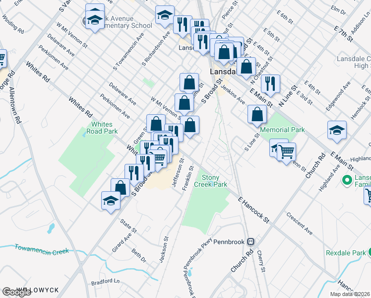 map of restaurants, bars, coffee shops, grocery stores, and more near 28 East Hancock Street in Lansdale