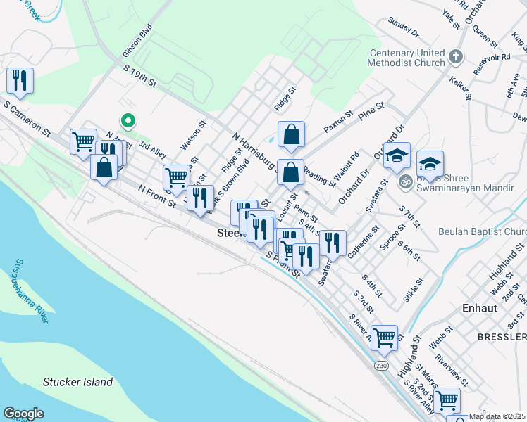 map of restaurants, bars, coffee shops, grocery stores, and more near 78 Pine Street in Steelton