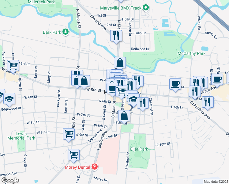 map of restaurants, bars, coffee shops, grocery stores, and more near in Marysville