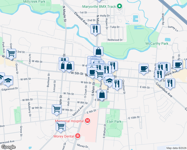 map of restaurants, bars, coffee shops, grocery stores, and more near in Marysville