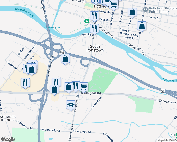 map of restaurants, bars, coffee shops, grocery stores, and more near 472 South Hanover Street in Pottstown