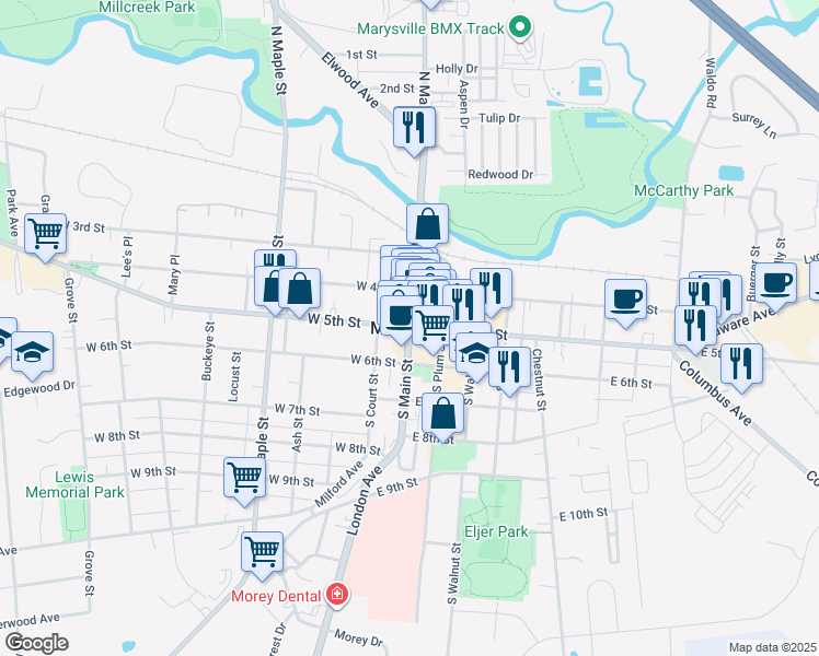 map of restaurants, bars, coffee shops, grocery stores, and more near in Marysville