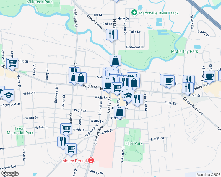 map of restaurants, bars, coffee shops, grocery stores, and more near in Marysville