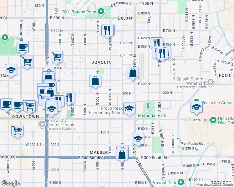map of restaurants, bars, coffee shops, grocery stores, and more near 502 East 200 North in Provo