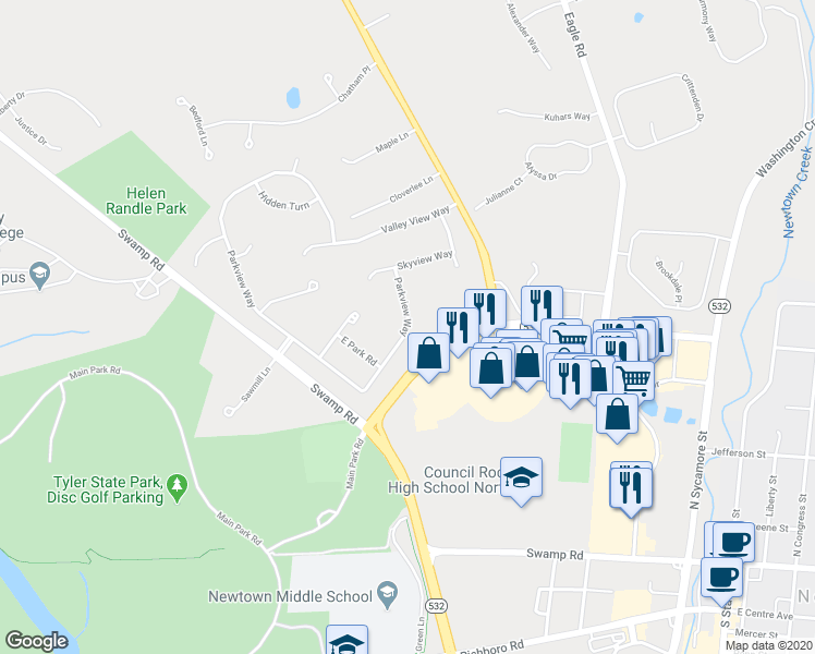 map of restaurants, bars, coffee shops, grocery stores, and more near 11 Parkview Way in Newtown