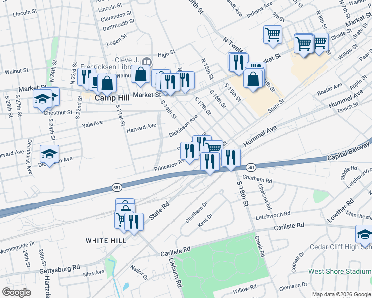 map of restaurants, bars, coffee shops, grocery stores, and more near 1916 Princeton Avenue in Camp Hill